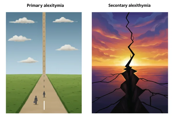 Paths for primary vs. secondary alexithymia, trauma's impact.