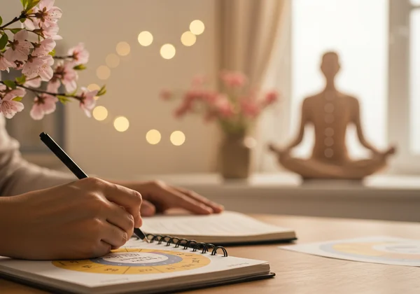 Person journaling, meditating, using a feelings wheel for healing.