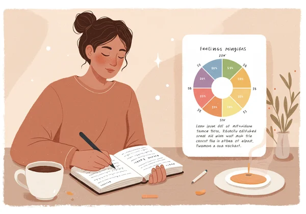 Person journaling emotions with a feelings wheel, meditating