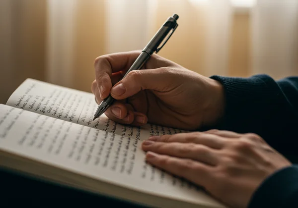 Tangan menulis dalam jurnal, meluahkan emosi dan pemikiran