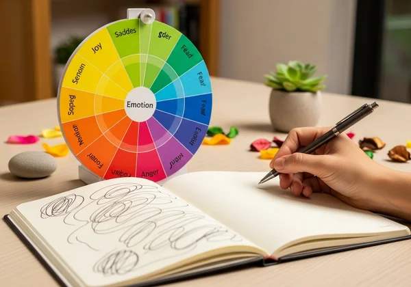 Roda emosi dan jurnal untuk literasi emosi.