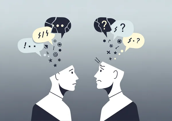 Dua orang berbual dengan gelembung percakapan yang tidak selari.