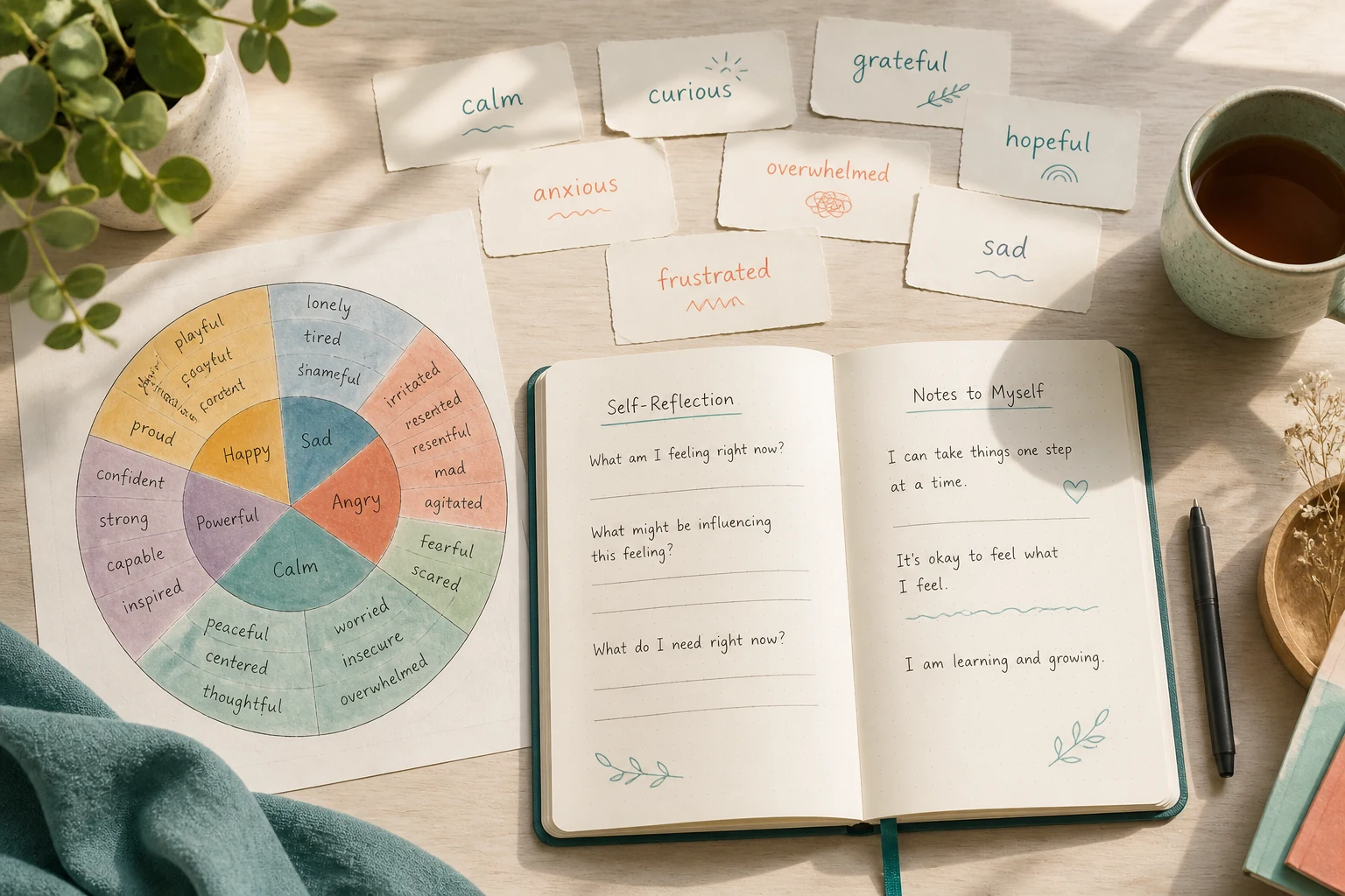 Emotion labels on a desk